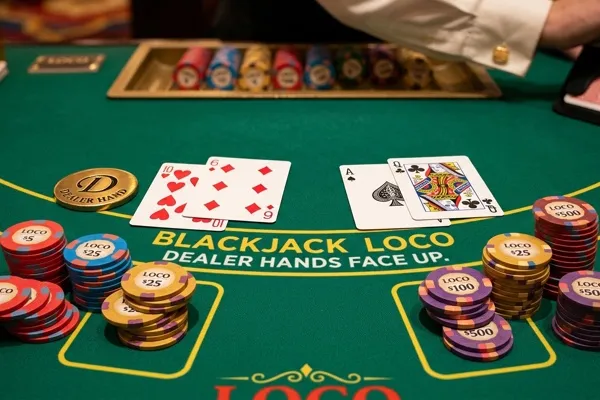 Blackjack table with cards and chips on the green felt, seen from the player's position