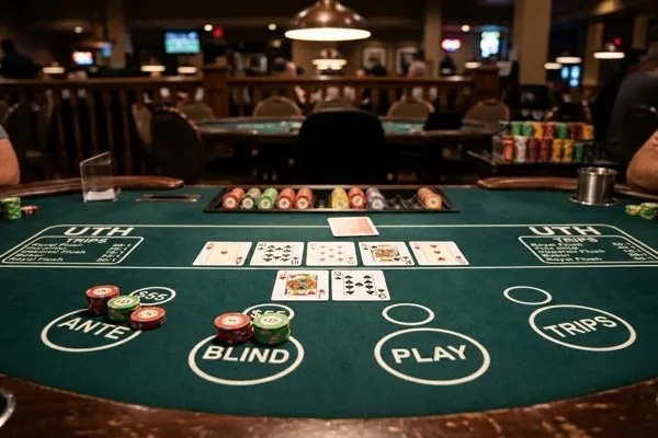 Punto Banco table with chips and cards at a casino in Bogotá